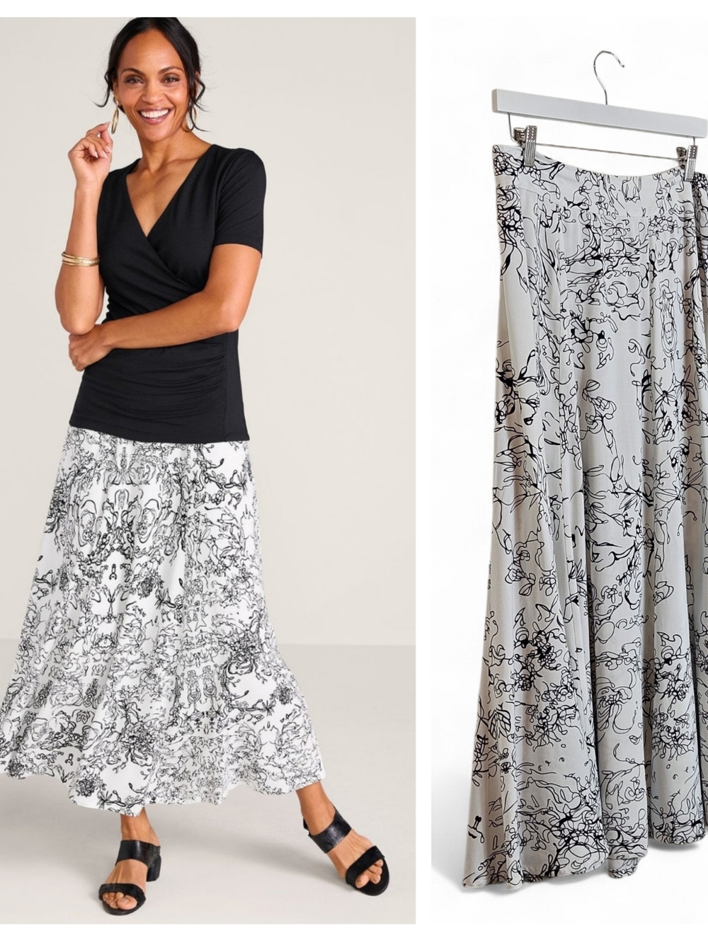 Soft Surroundings Maxi Skirt PM Black White Print Boho Flowy Zip